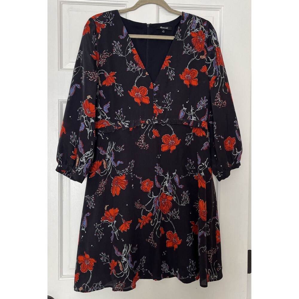Madewell Silk Ruffle Waist Dress Womens 10 Windblown Poppies Babydoll Flowy Navy